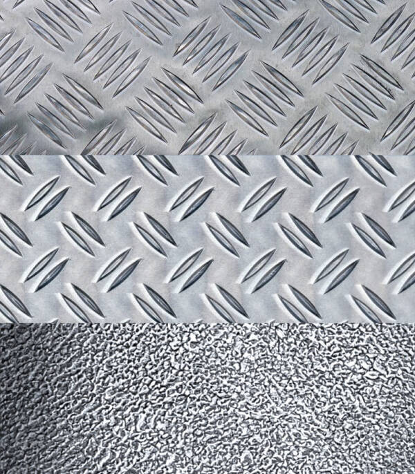 Aluminiumpl&aring;t av typen havrekorn, five-bar och stucco.